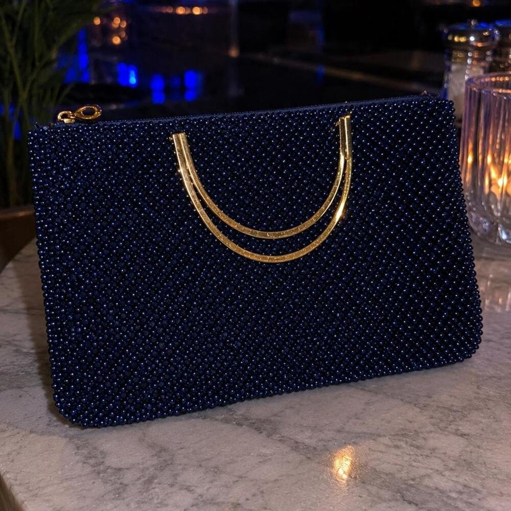 Vintage Navy Beaded Evening Clutch Gold Handles